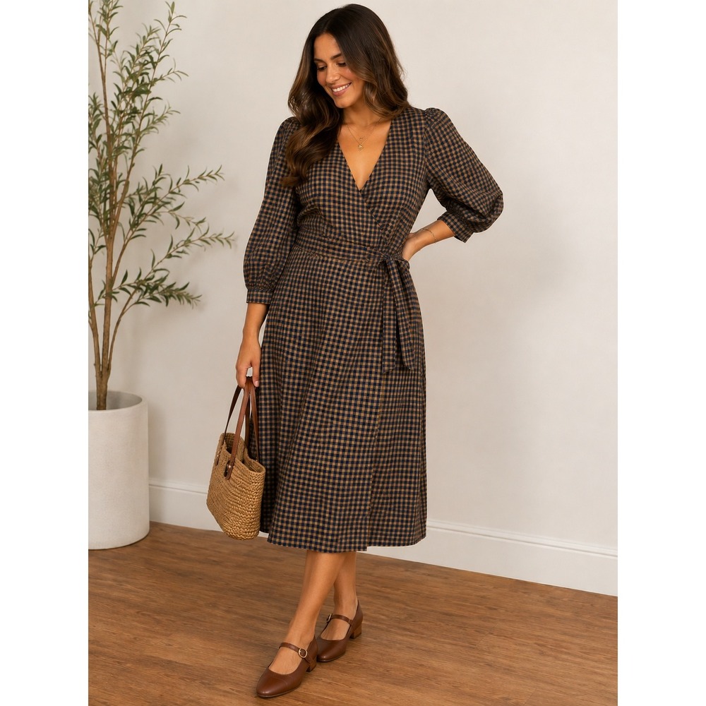Navy Mustard Gingham Wrap Midi Dress XL Puff Sleeve Cottage Prairie Thanksgiving